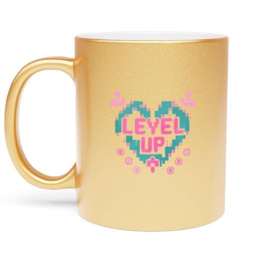 Retro Gamer’s Code Pixel Heart Metallic Mugs - Level Up