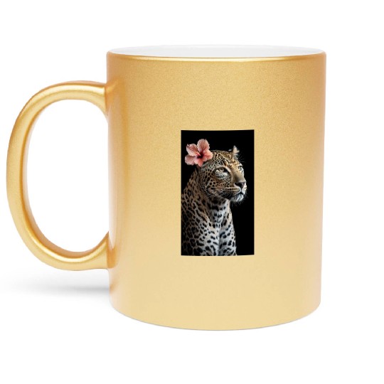 Elegant Leopard Portrait With Hibiscus Flower Metallic Mugs