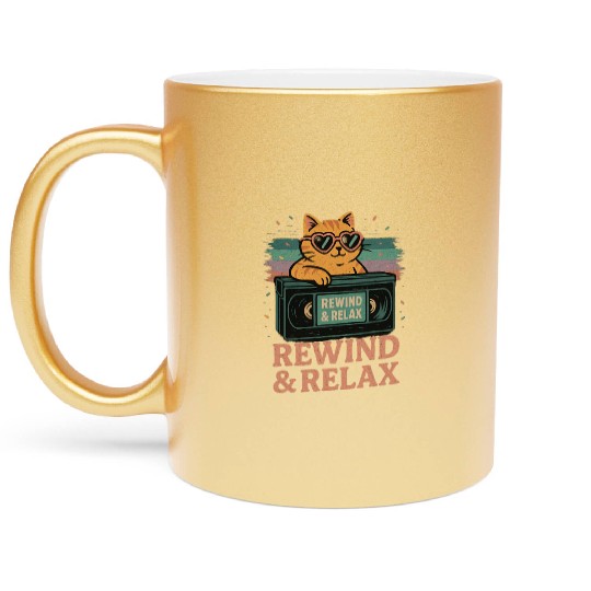 Rewind & Relax Retro Cat Vibes 80s 90s vhs TV Metallic Mugs