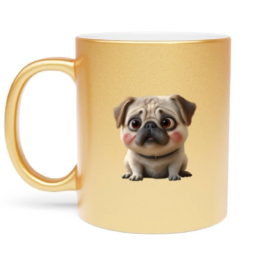 3D Rendered Chubby Pug Sitting Metallic Mugs