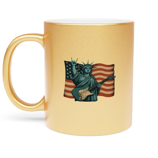 4th of July Statue Of Liberty Rock Guitar USA Flag Metallic Mugs