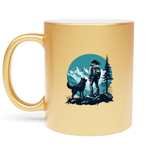 Adventurous Hiker With Dog Against Teal Mountain Metallic Mugs