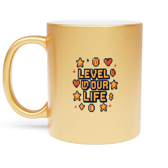 Level Up Your Life – Pixel Art Motivational Metallic Mugs