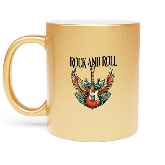 Vintage Retro 80s Rock Roll Music Guitar Wing Metallic Mugs