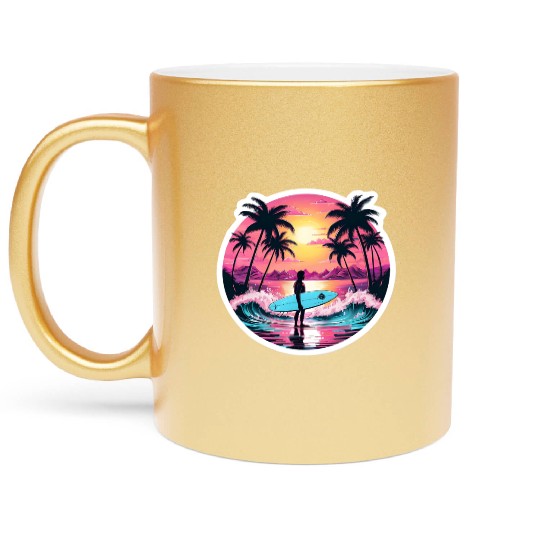 80s Synthwave Surfer | Retro Sunset Metallic Mugs.
