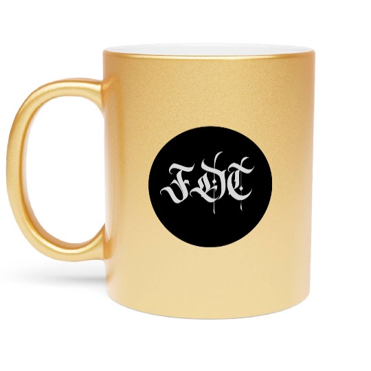 Ornate Gothic Lettering FDT in Light Grey on Black Metallic Mugs