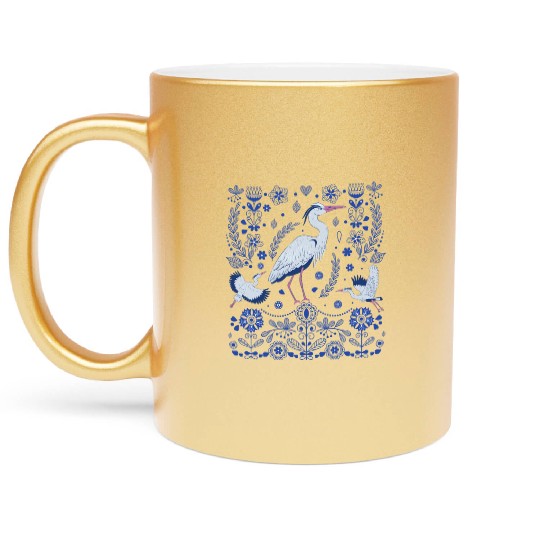 Great Blue Heron Folk Art Metallic Mugs