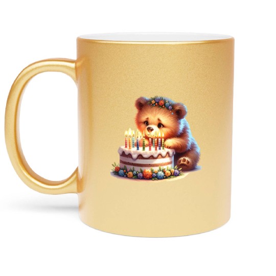 Birthday Bear – Cute Candle Cake & Floral Crown Metallic Mugs