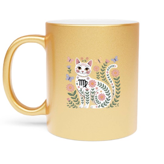 Virgo Zodiac Cat with Daisies Metallic Mugs
