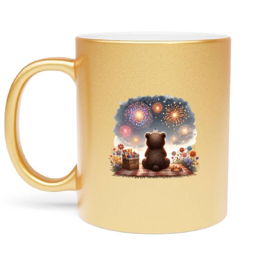 Fireworks Picnic Bear – Night Sky Celebration View Metallic Mugs