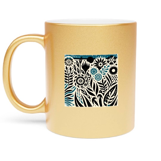 Teal & Black Floral Pattern Metallic Mugs