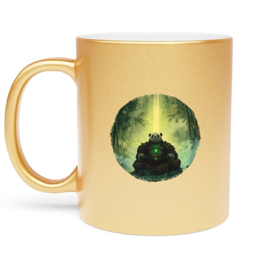 Meditating Panda Monk in a Glowing Bamboo Grove Metallic Mugs