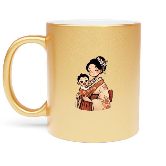 Elegant Asian Woman in Kimono Holding Baby Metallic Mugs