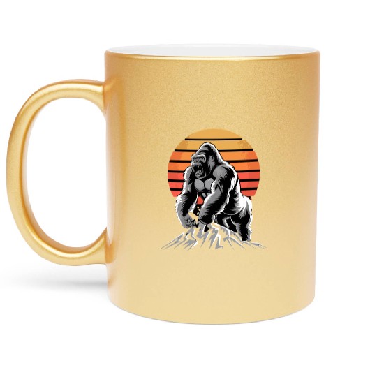 Mighty Gorilla Roaring on Mountain Sunset Metallic Mugs