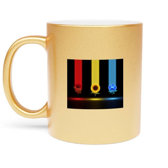 Three Glowing Blooms: Rose, Sunflower, and Orchid Metallic Mugs