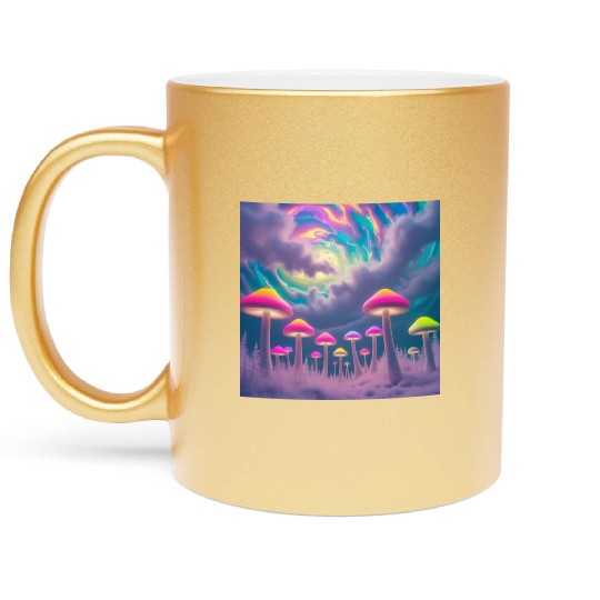 Neon Mushroom Forest – Psychedelic Minimalist Metallic Mugs