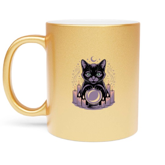 Witchy Cat with Crystal Ball and Candles Metallic Mugs