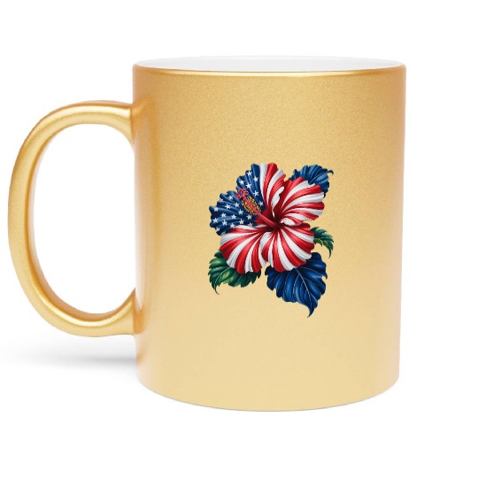 Hibiscus Flower Patriotic American Flag 4th Metallic Mugs