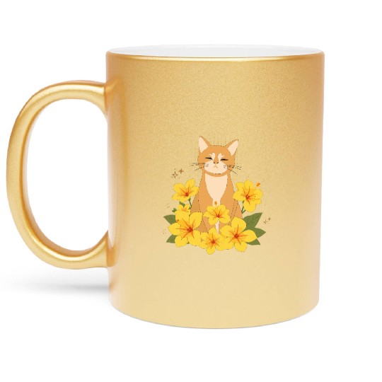 Orange Cat Surrounded by Yellow Hibiscus Flowers Metallic Mugs