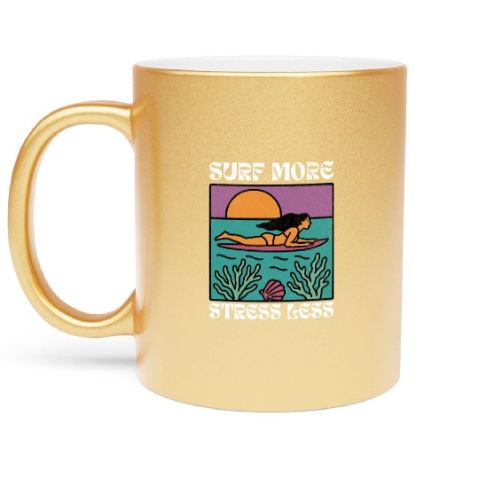 Surf More Stress Less | Tropical Sunset Surf Girl Metallic Mugs
