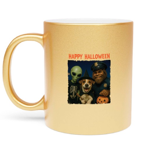Bigfoot Alien Jack Russell Funny Halloween Trick Metallic Mugs