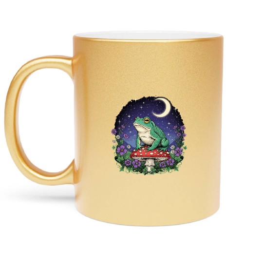 Green Frog on Red Mushroom - Starry Night Metallic Mugs