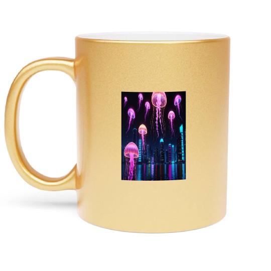 Neon Jellyfish Over Cyber City Metallic Mugs
