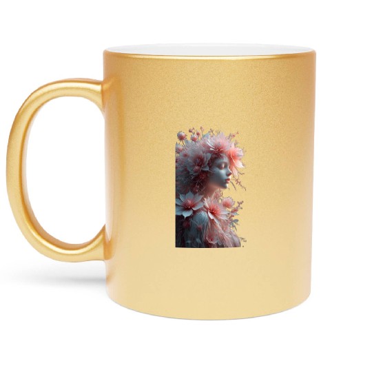 Ethereal Floral Portrait - Woman with Coral Pink Metallic Mugs