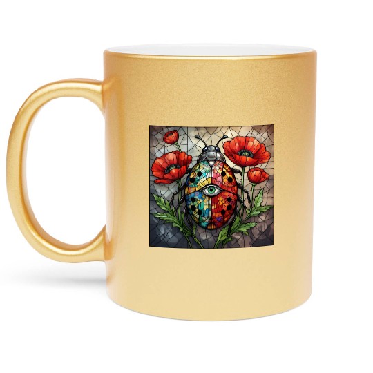 Ladybug stained glass vibrant poppy flower insect Metallic Mugs
