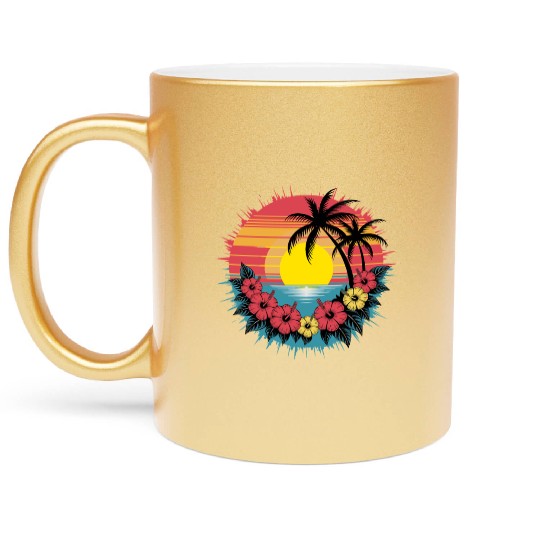 Tropical Sunset Paradise with Hibiscus and Palm Metallic Mugs