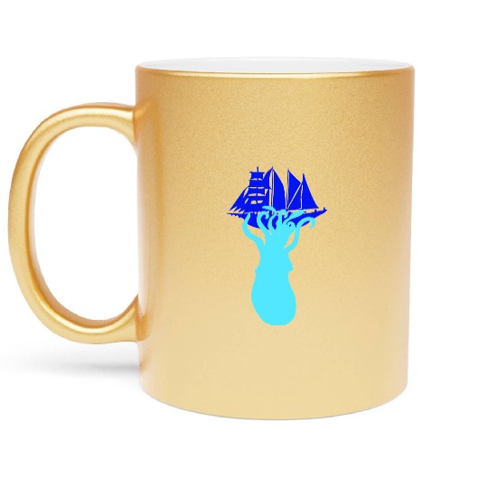 Octopus Ship Attack Sailing Sailboat Sea Monster Metallic Mugs