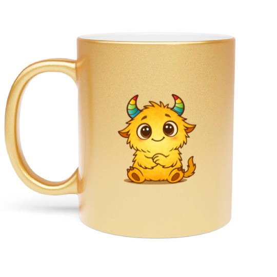 Cute Yellow Monster with Rainbow Horns Metallic Mugs