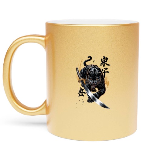 Fierce Black Panther With Samurai Sword Metallic Mugs