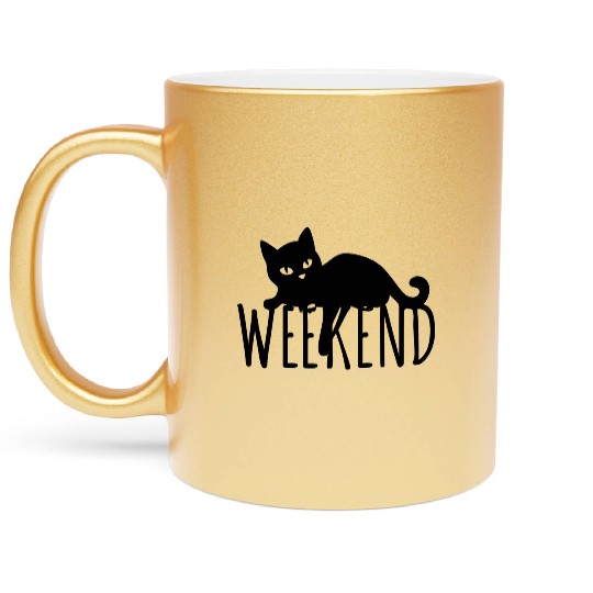 Black Cat Silhouette with Weekend Text Metallic Mugs