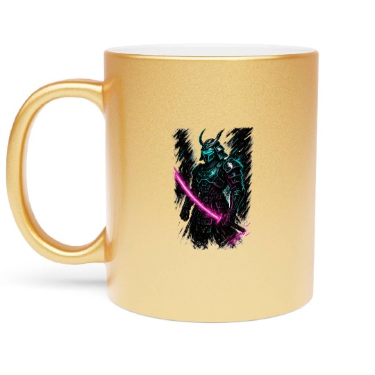Neon Samurai Warrior Illustration Metallic Mugs