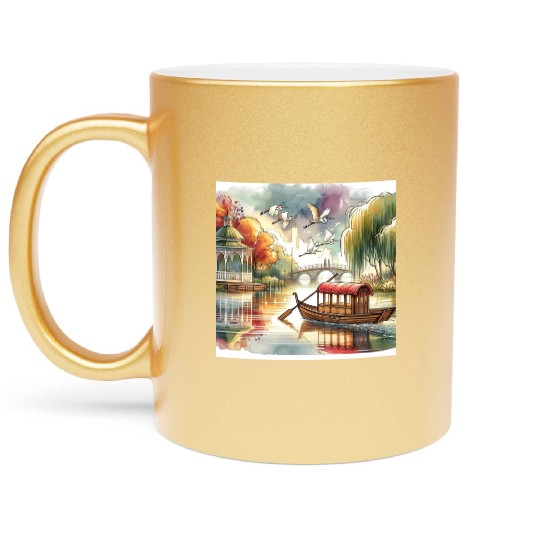 Serene Autumn Lake Scene with Swans and Bridge Metallic Mugs