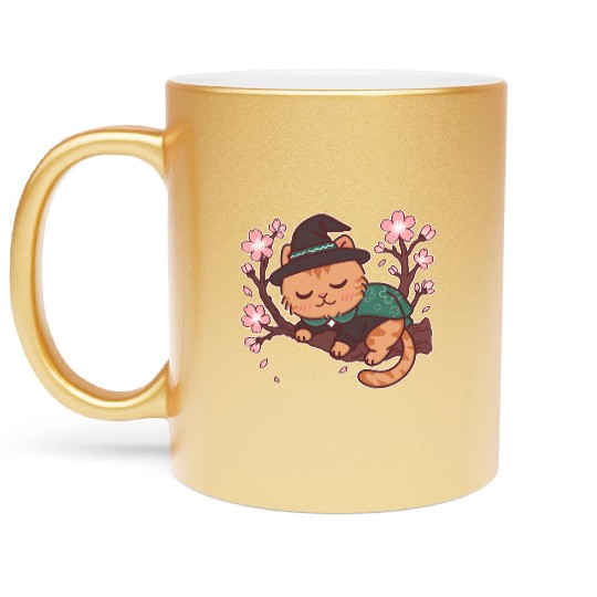 Whimsical Wizard Cat in Blooming Cherry Tree Metallic Mugs