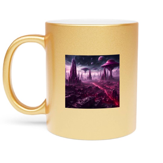 Sci-Fi Future World And Alien City in Neon Pink Metallic Mugs