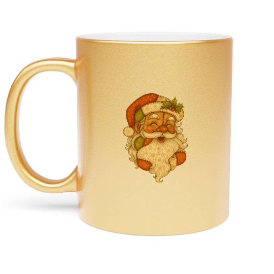 Patchwork Santa Face Vintage Christmas Folk Art Metallic Mugs
