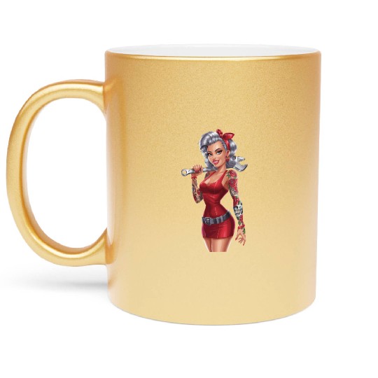 Retro Pin-Up Mechanic Woman with Tattoos and Metallic Mugs