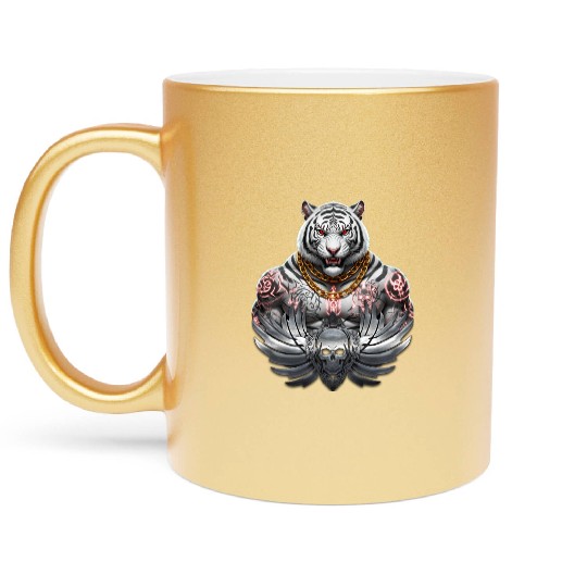 Fierce White King Tiger Tattoo  Metallic Mugs