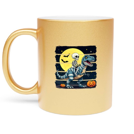 Skeleton Riding Mummy Dinosaur Funny Halloween Metallic Mugs