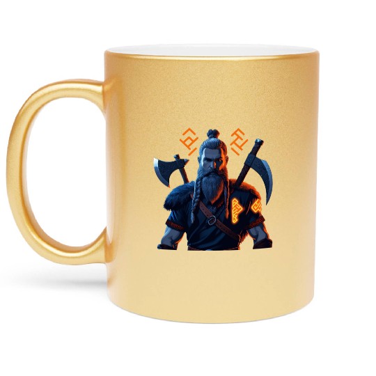 Viking Warrior with Axes and Fur Metallic Mugs