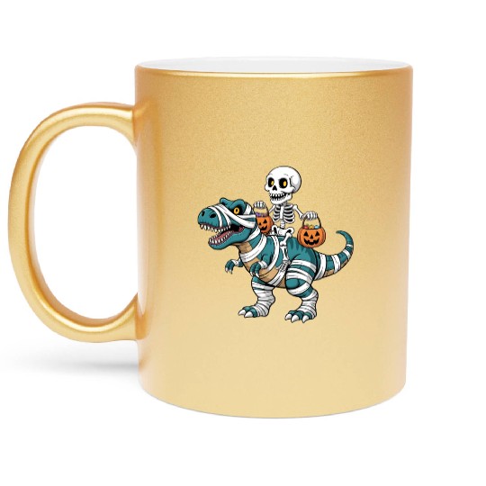 Skeleton Riding Mummy Dinosaur Funny Halloween Metallic Mugs