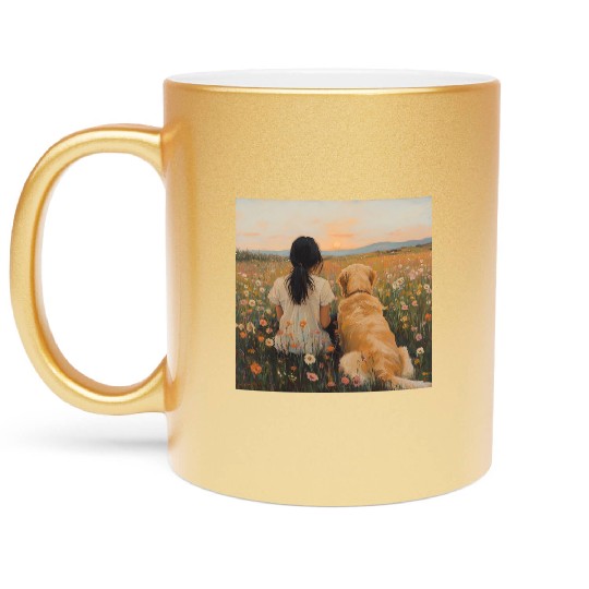 Serene Sunset with Girl and Dog Artwork Metallic Mugs