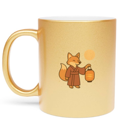 Cute Fox in Traditional Kimono with Lantern Metallic Mugs