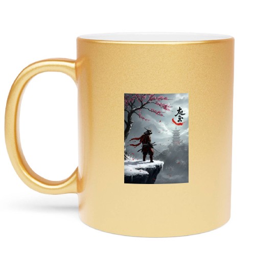 Samurai Warrior Under Cherry Blossom Tree Metallic Mugs