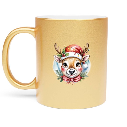 Cute Rudolph Reindeer Watercolor Christmas Art Metallic Mugs
