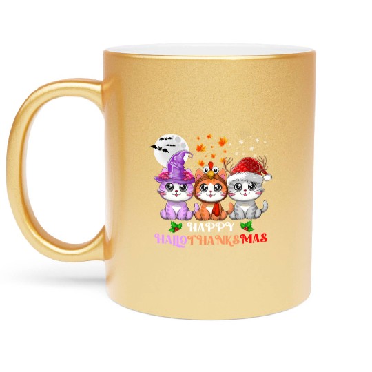 Happy HalloThanksMas Cute Cats Lover Metallic Mugs