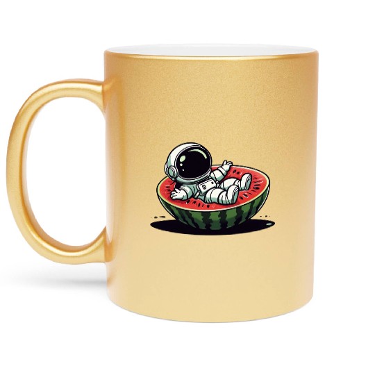 Playful Astronaut on Watermelon Slice Metallic Mugs